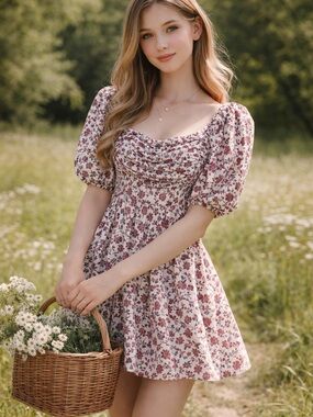 Speechless floral Pleated Bishop Sleeve Shabby Chic Mini Dress Size S